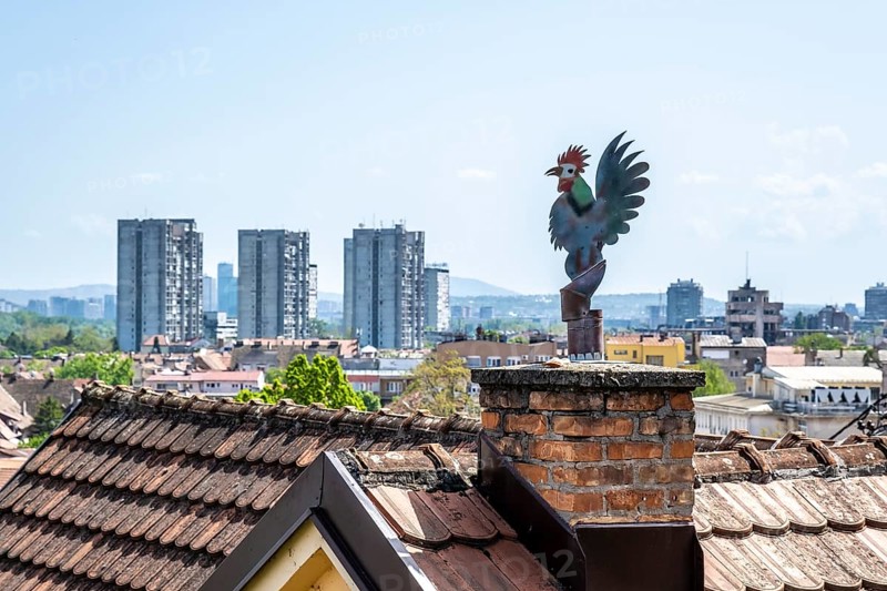 Weathercock on chimney above old town roofs