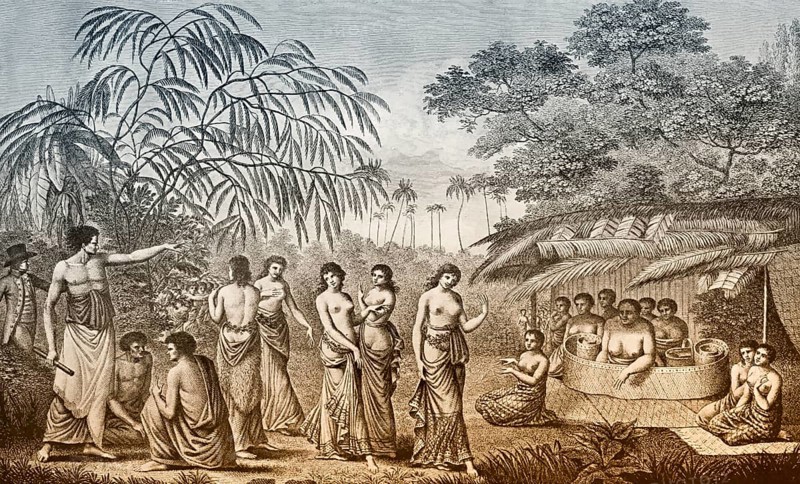 Native Tongan women dancing before Queen Tine, 18th century