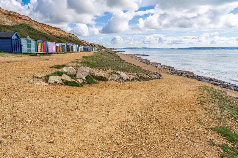 Beach Huts on the Channel Coast in Barton-on-sea, Hampshire, England, UK