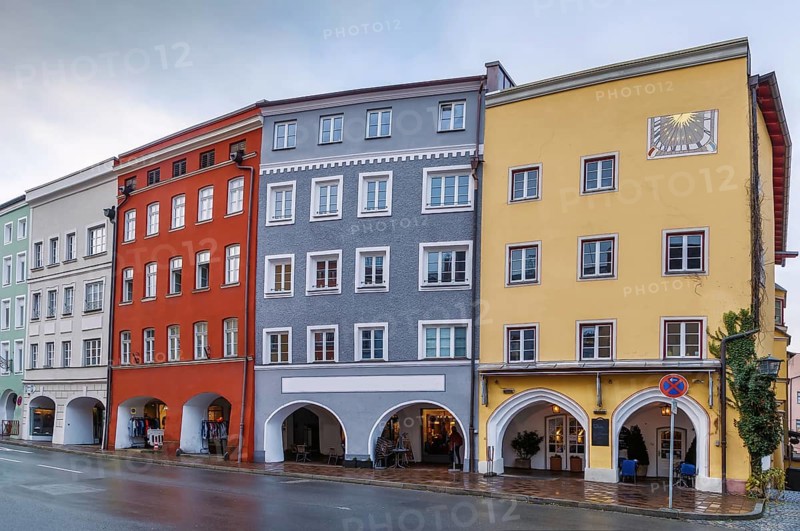 Street with historical houses in Wasserburg am Inn, Germany, Europe