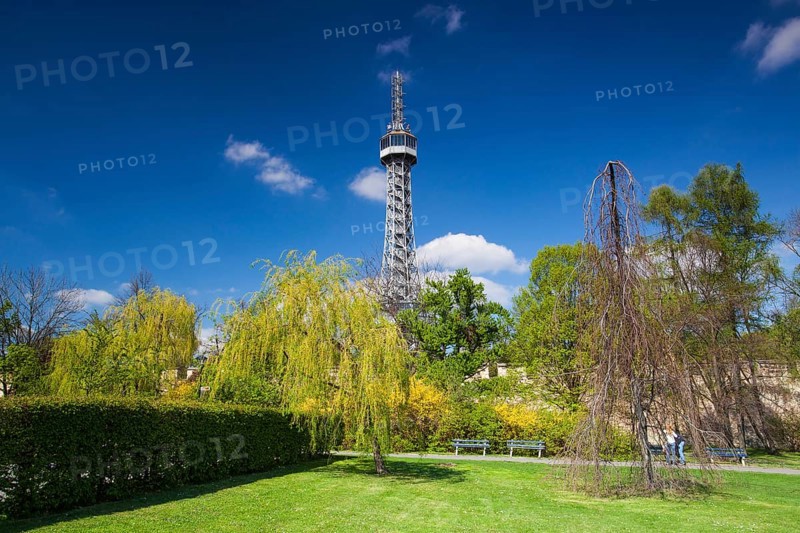 Lookout tower on the Petrin Hill in flowering spring park