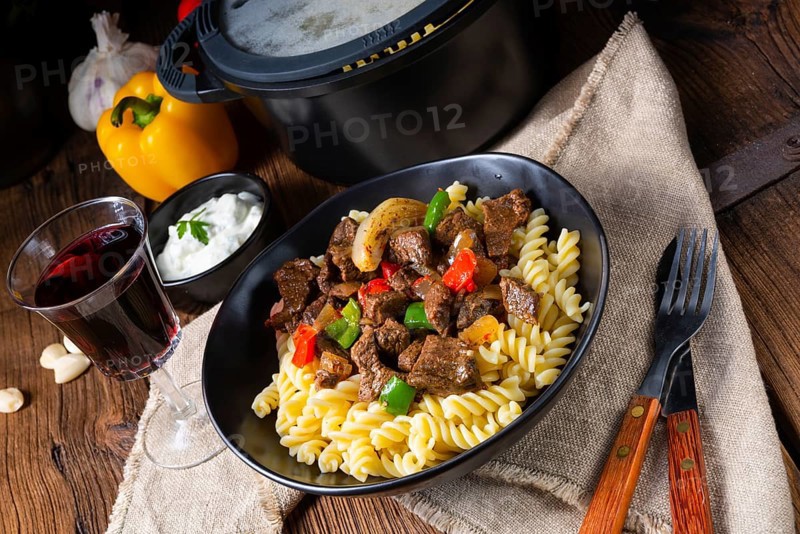 Fussili pasta with minced spiced goulash and paprika
