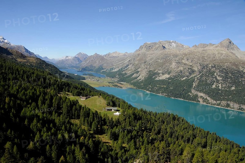 Marvellous Swiss Alpine panorama from Corvatsch to the glacial lakes of the Upper Engadine