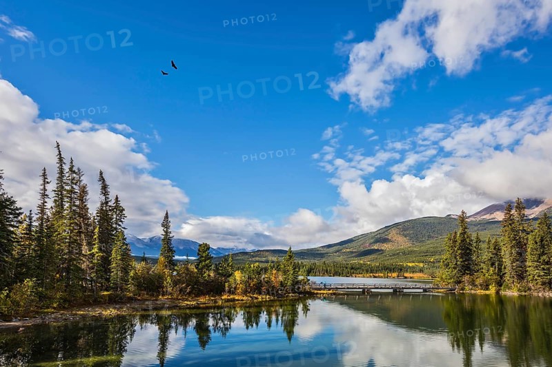 Transparent autumn morning in Jasper National Park. The woody small island in Pyramid Lake
