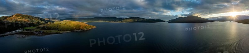 Evening mood at Loch Alsh with Tulach Ard hill and Skye Bridge, drone shot, Reraig, Kyle, Scotland, Great Britain