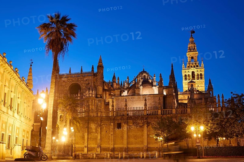 Seville cathedral sunset and Giralda in Sevilla Andalusia Spain