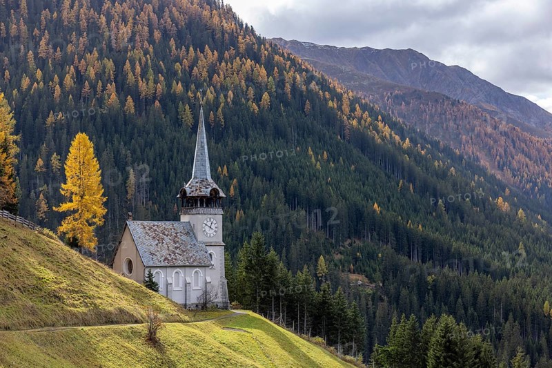 Church of St. Peter with golden larch in autumn, Monstein, Davos, Grisons, Switzerland, Europe