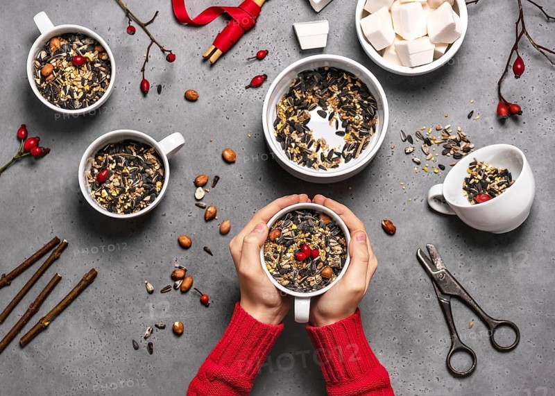 Step 2: All the cups are filled with bird seed and rosehip berries. Making feeding cups. Handicrafts with children. Step by step instructions. Animal welfare concept