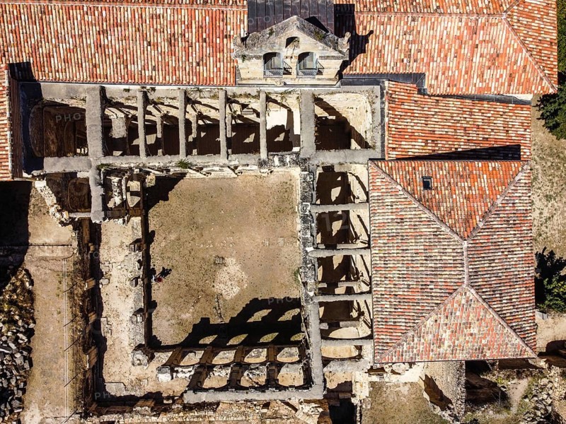 Aerial view of the ruins of an ancient abandoned monastery in Santa Maria de rioseco, Burgos