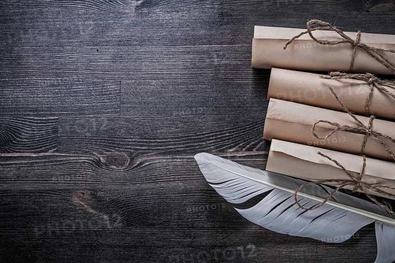 White plume pile of vintage paper scrolls on wooden board