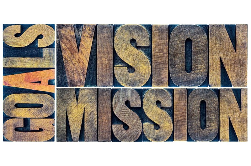 Goals, vision and mission typography abstract - a collage of isolated words in letterpress wood type