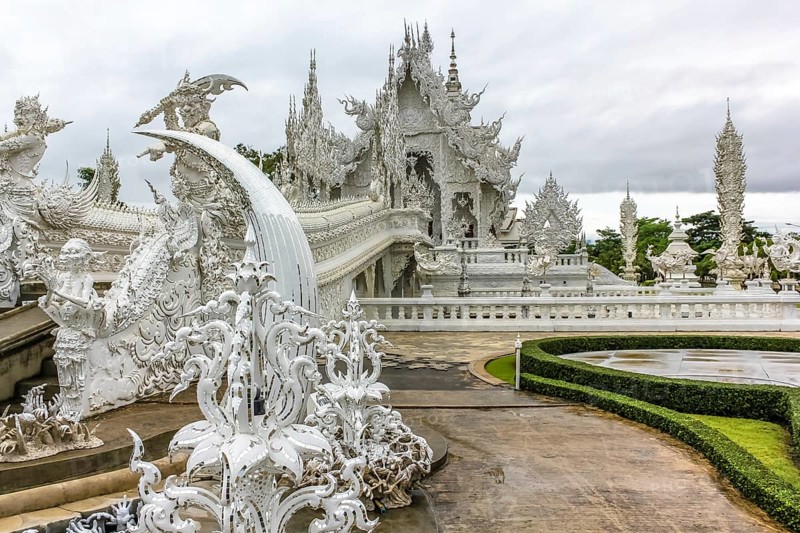 The spectacular Wat Rong Khun called White Temple during the rainy season, Chiang Rai, Northern Thailand, Asia