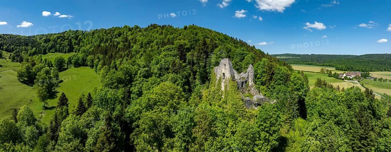 Historic site ruins of the Château de Löwenburg, drone image, Pleigne, Jura, Switzerland, Europe