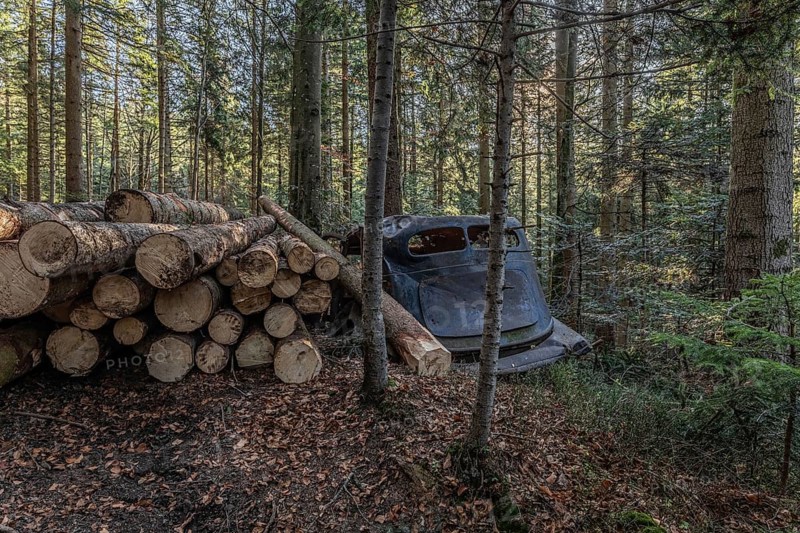 Wrecked Hudson Terraplane K Tourer Sedan built in 1935 that has been sitting in a forest for decades, Menzingen, Zug, Switzerland, Europe