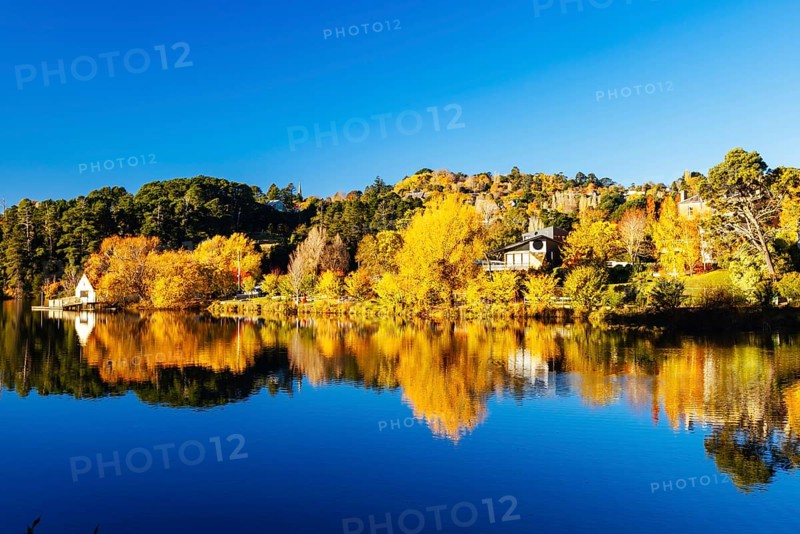 DAYLESFORD, AUSTRALIA, MAY 12 2024: Landscape around Lake Daylesford in a cool late autumn afternoon in Daylesford, Victoria, Australia, Oceania