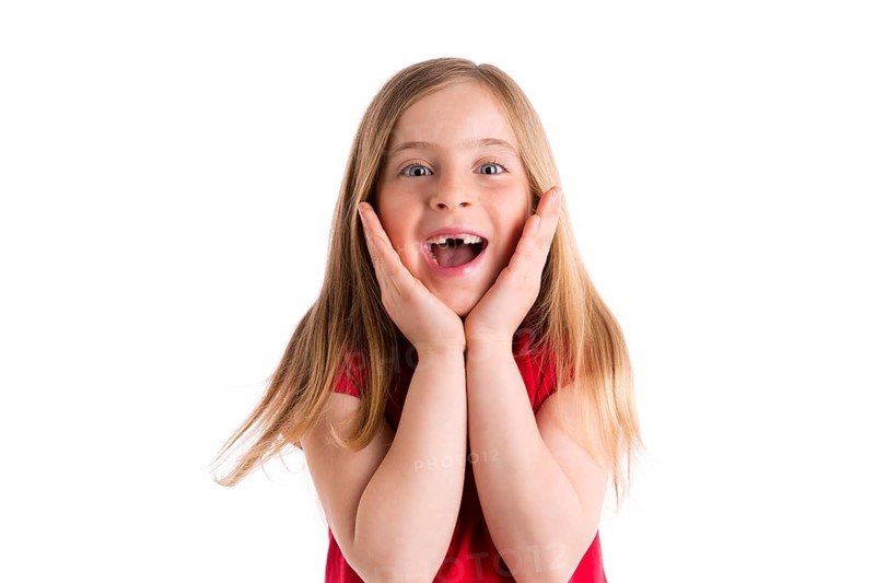 Blond indented kid girl surprised gesture hands in face on white background