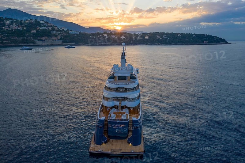 Aerial view of 133 metre motor yacht AL MIRQAB, delivered in 2008 by the German shipyard Kusch Yachts, Peters Schiffbau to Sheikh Hamad bin Jassim bin Jaber bin Muhammad Al Thani, member of the royal family of Qatar, designer Tim Heywood, early in the morning at anchor off the Principality of Monaco, Cote d'Azur, Mediterranean Sea