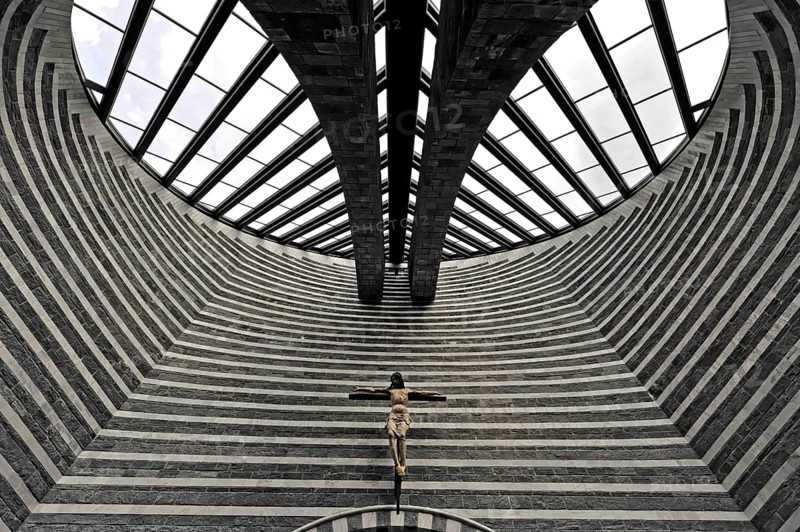 Interior view, San Giovanni Battista, modern church by Mario Botta, completed in 1997, Mogno, Maggia Valley, Valle Maggia, Canton Ticino, Switzerland, Europe, Modern church building with striking stripes and cross in impressive symmetry, Europe