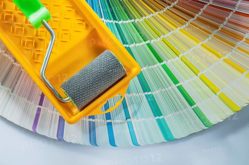 Paint roller tray color palette on white background