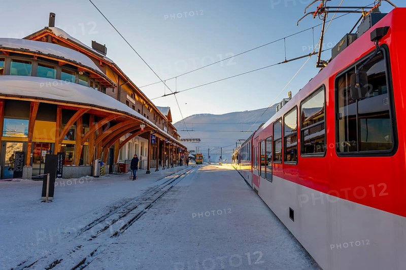 Railroad Station at 2061 Meters High Up in a Snowy Sunny Winter Day in Kleine Scheidegg, Grindelwald, Bern Canton, Switzerland, Europe