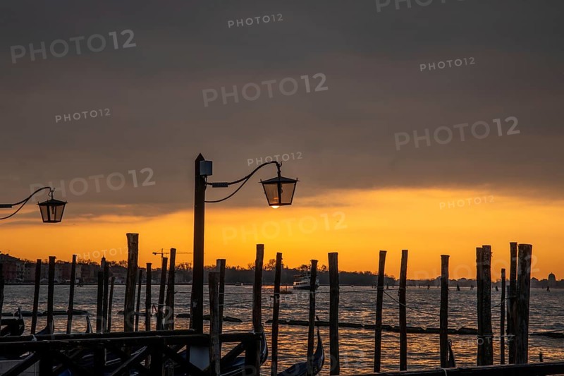 Morning atmosphere at sunrise, gondola jetty, lanterns, Venice, Italy, Europe