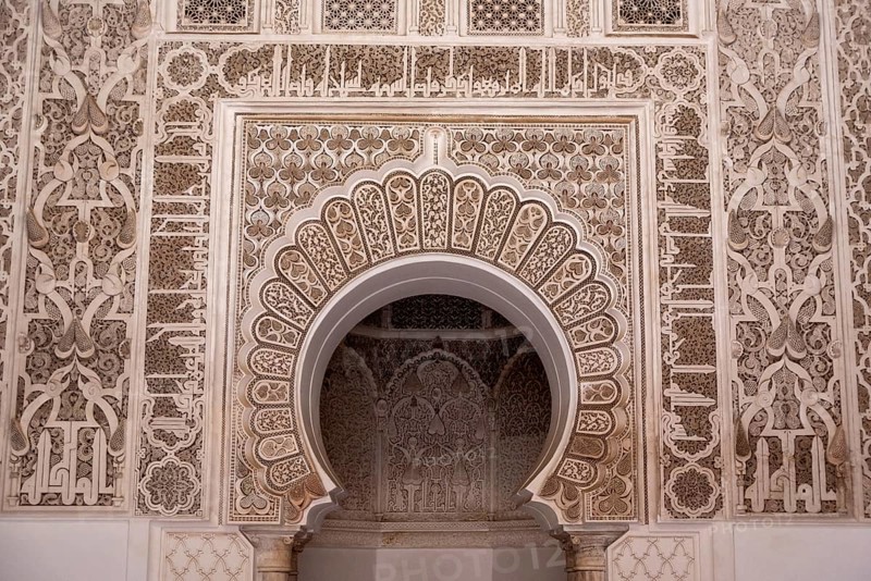 MARRAKECH, MOROCCO, APRIL 18, 2023, Famous Madrassa Ben Youssef in the medina of Marrakech