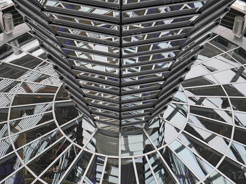 Reflections in glass and metal in the dome of the Reichstag. Berlin, Germany, Europe