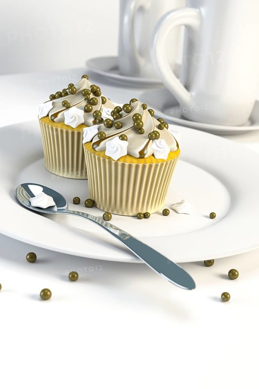 3d rendering of two delicious cupcakes on a plate