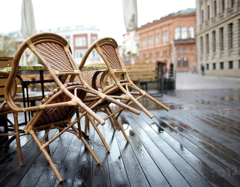Empty street cafe in Riga, Latvia, Europe