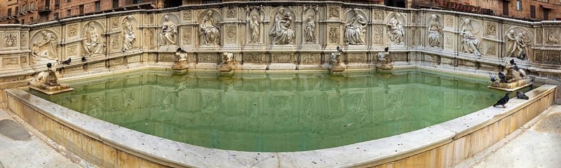 The Fonte Gaia is a monumental fountain located in the Piazza del Campo, opposite the Palazzo Pubblico in the center of Siena, Italy, Europe