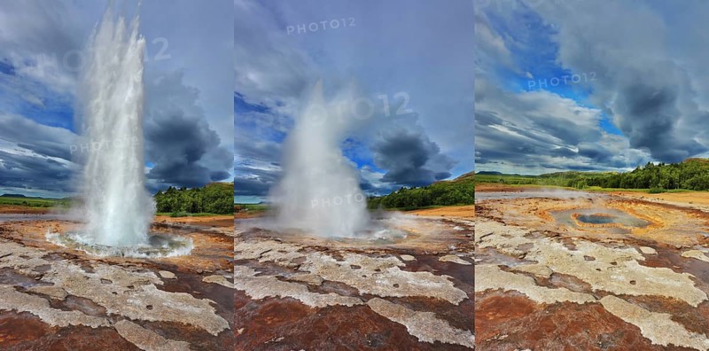 Collage showing different phases of the action of the geyser. Geyser Strokkur in Iceland. Fountain Geyser throws hot water every few minutes