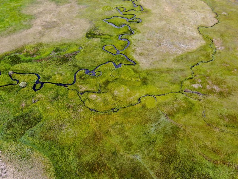 Aerial view of green land and small curve river in Aspen Springs, Mono County California, USA, North America