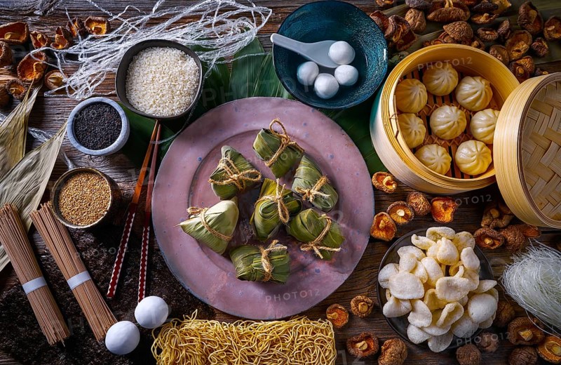 Zongzi Rice Dumplings pork buns shiitake noodles sesame asian food mix