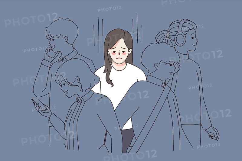 Unhappy young woman in crowd feel lonely abandoned in society. Upset sad girl suffer from loneliness and solitude. Depression and apathy concept. Emotional burnout. Flat vector illustration