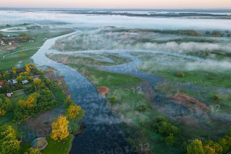 Biebrza National Park, morning mood, fog, shot with drone, wetland, river, Poland, Europe