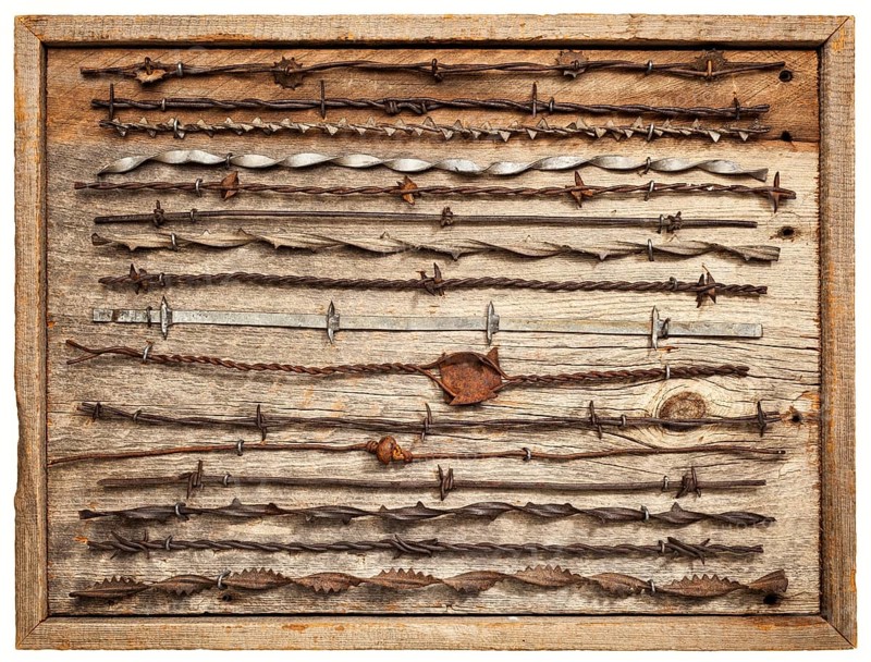 Vintage rusty barbed wire collection on isolated barn wood board