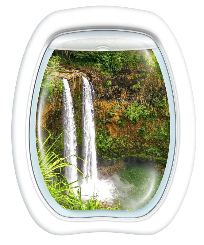 Plane window on ropical Manawaiopuna Falls also called Jurassic Park Falls, Kauai, Hawaii, United States, from a plane through the porthole. Copy space, North America