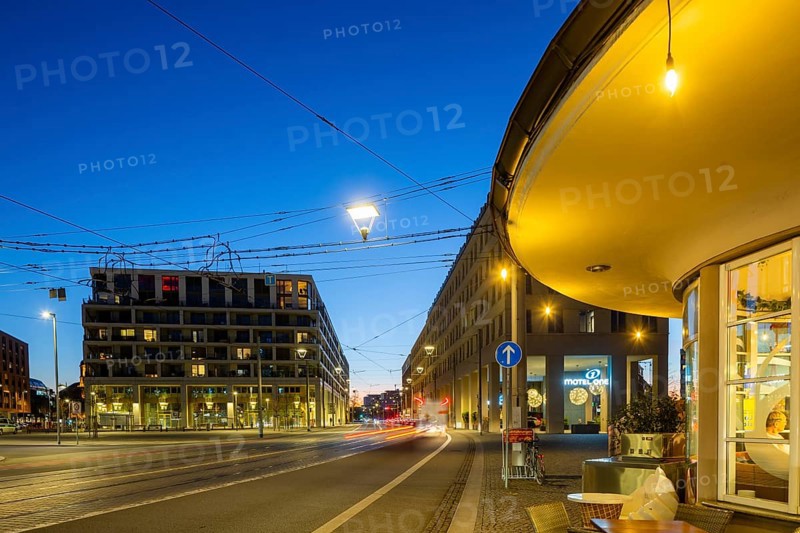 New buildings and evening traffic on the Postplatz, Dresden, Saxony, Germany, Europe