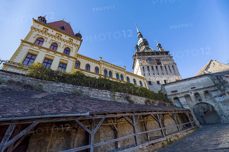 Gateway with tower clock in Sighisoara, Romania, Europe