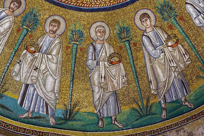 The Arian Baptistry in Ravenna, Italy was erected by the Ostrogothic King Theodoric the Great between the end of the 5th century and the beginning of t6th century. The procession of the Apostles mosaic