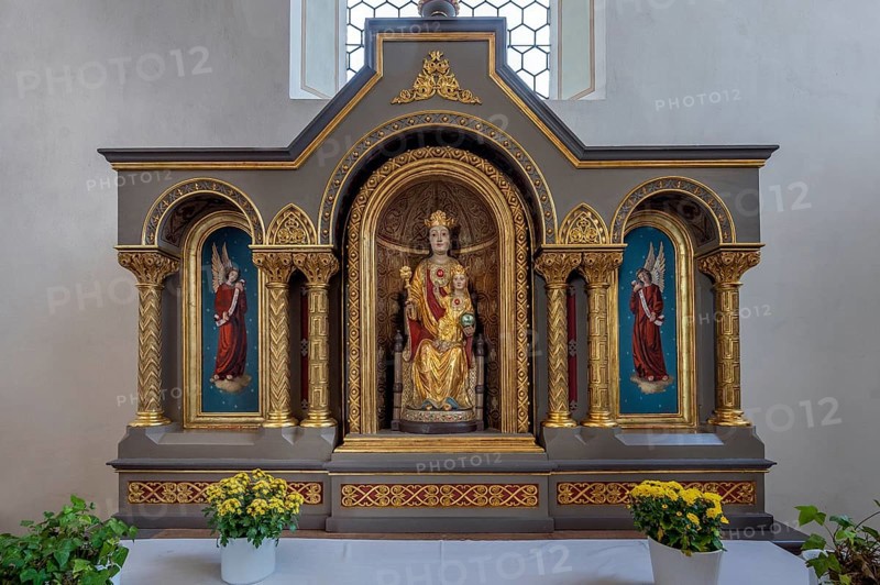 Side altar with statue of the Virgin Mary, St. Blasius Catholic Parish Church in Dietmannsried, Allgäu, Bavaria, Germany, Europe