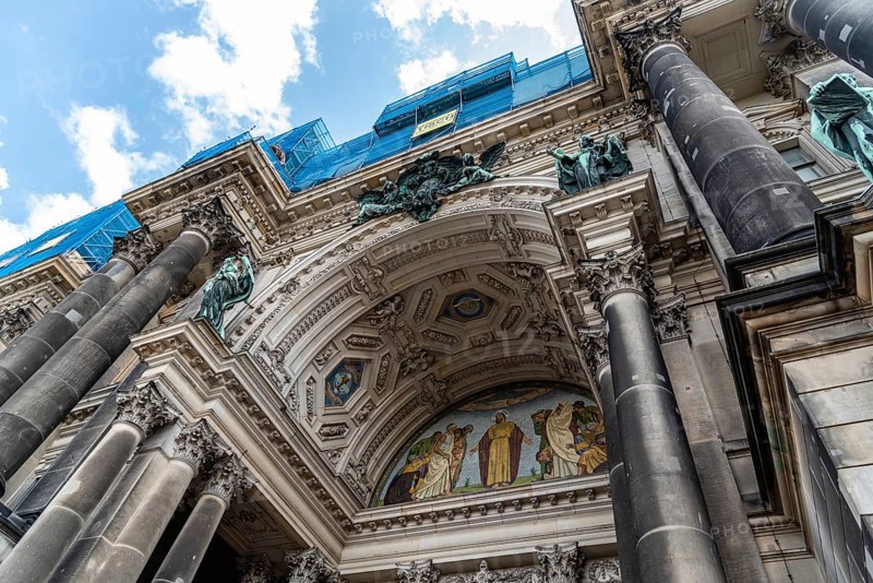 Berlin, Germany, July 27, 2019: Berlin Cathedral, Berliner Dom under renovation. Low angle view, Europe