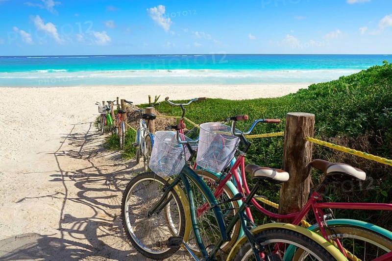 Tulum Caribbean beach bicycles in Riviera Maya of Mayan Mexico