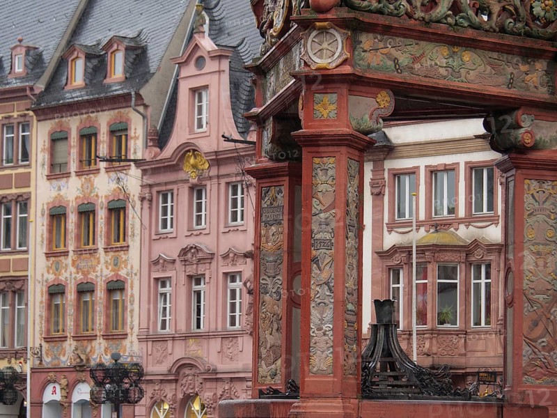 Historic building with ornate half-timbered details and baroque façade in the city, mainz, rhineland-palatinate, germany