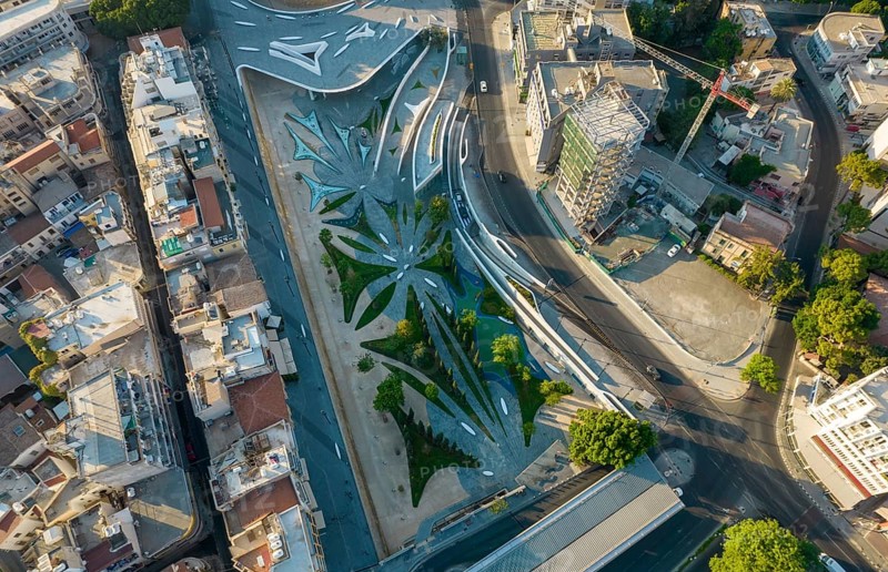 Aerial view of Nicosia cityscape the capital city of Cyprus and Eleftheria square with modern futuristic architecture