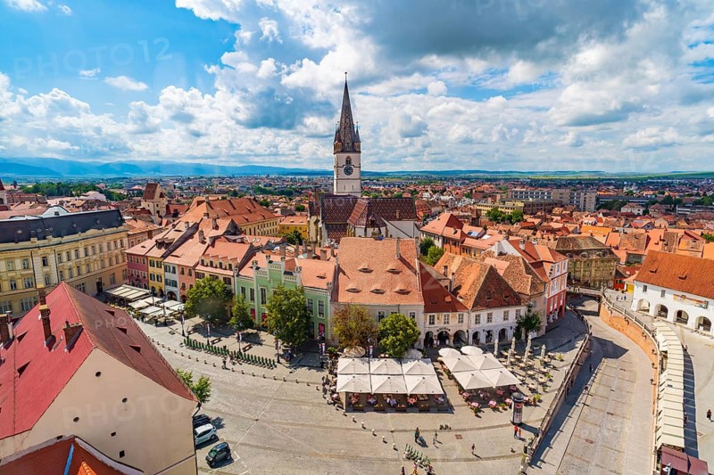 Small Square and Lutheran Cathedral in Sibiu, Transylvania, Romania, Europe