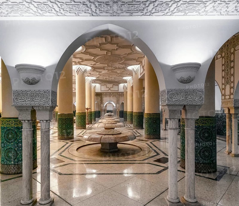 Casablanca, Morocco, 29 March, 2024: marble-carved lotus flower spring fountains in the underground bathhouse of the Hassan II Mosque in Casablanca, Africa