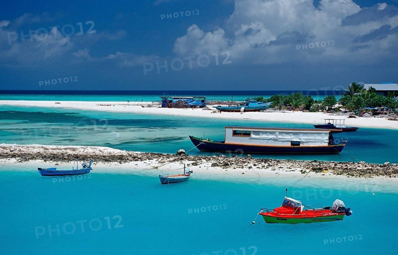 Fishing boats and dhonis off Maldives Island, Maldives, Indian Ocean, Meemu Atoll, Asia