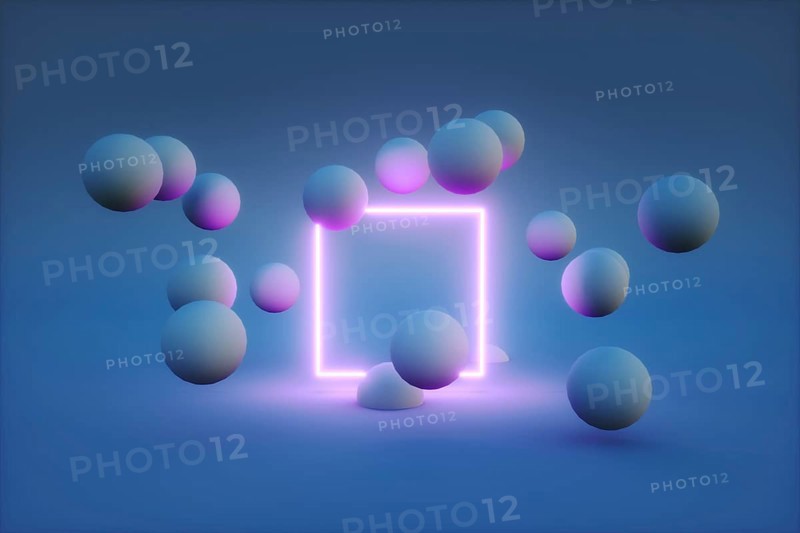 3d render of neon frame with balls around it. modern technology concept. High quality 3d illustration