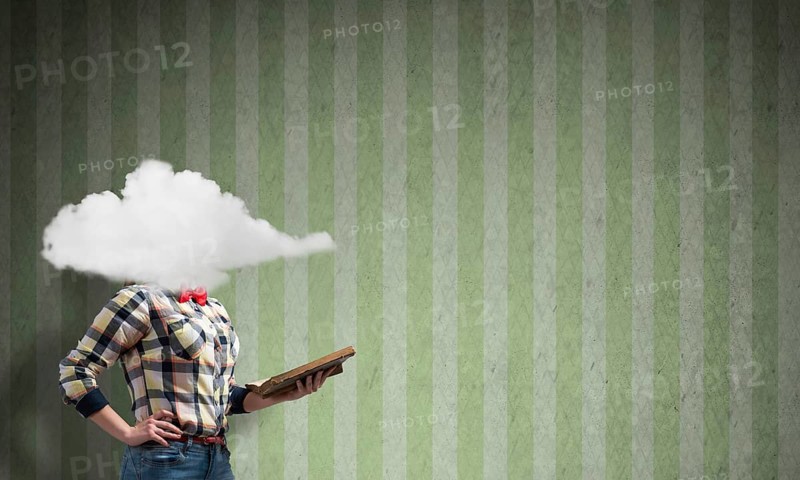 Unrecognizable woman with book and cloud instead of head on stripe background